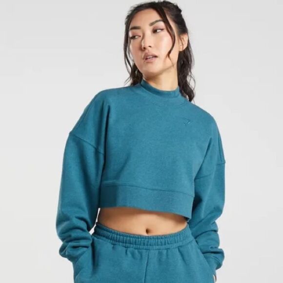 Gymshark Rest Day Crewneck Sweatshirt Cropped Pullover Steel Blue Marl | M - Picture 8 of 9